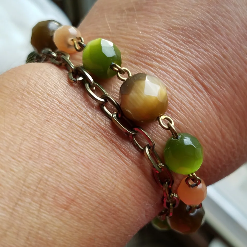 Genuine Gemstone Cat’s Eye Brass Chain Bracelet - Handmade NWT